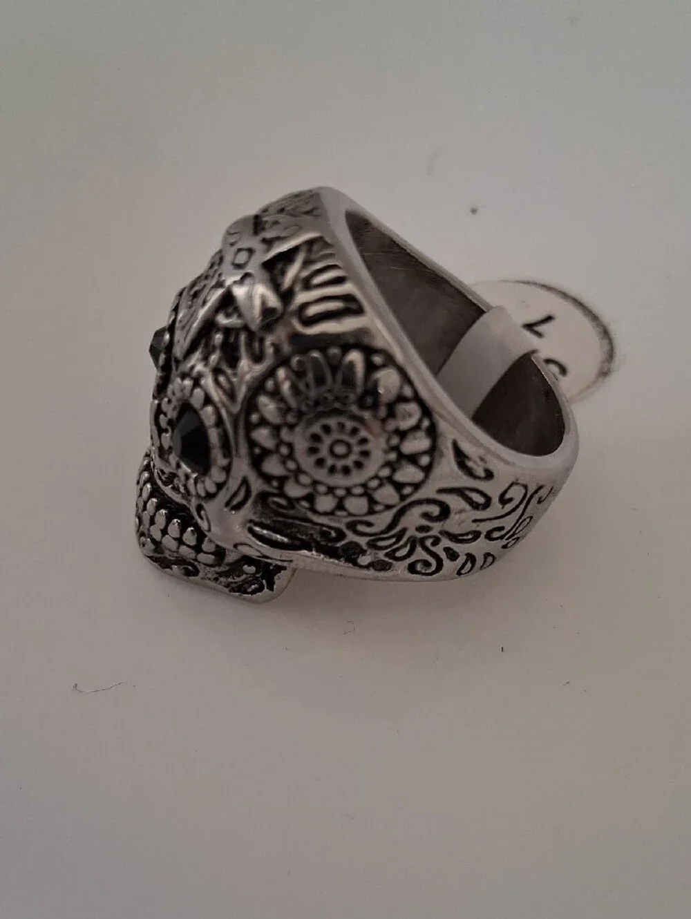 Men's Silver Tone Sugar Skull Ring with Black Stone Eyes